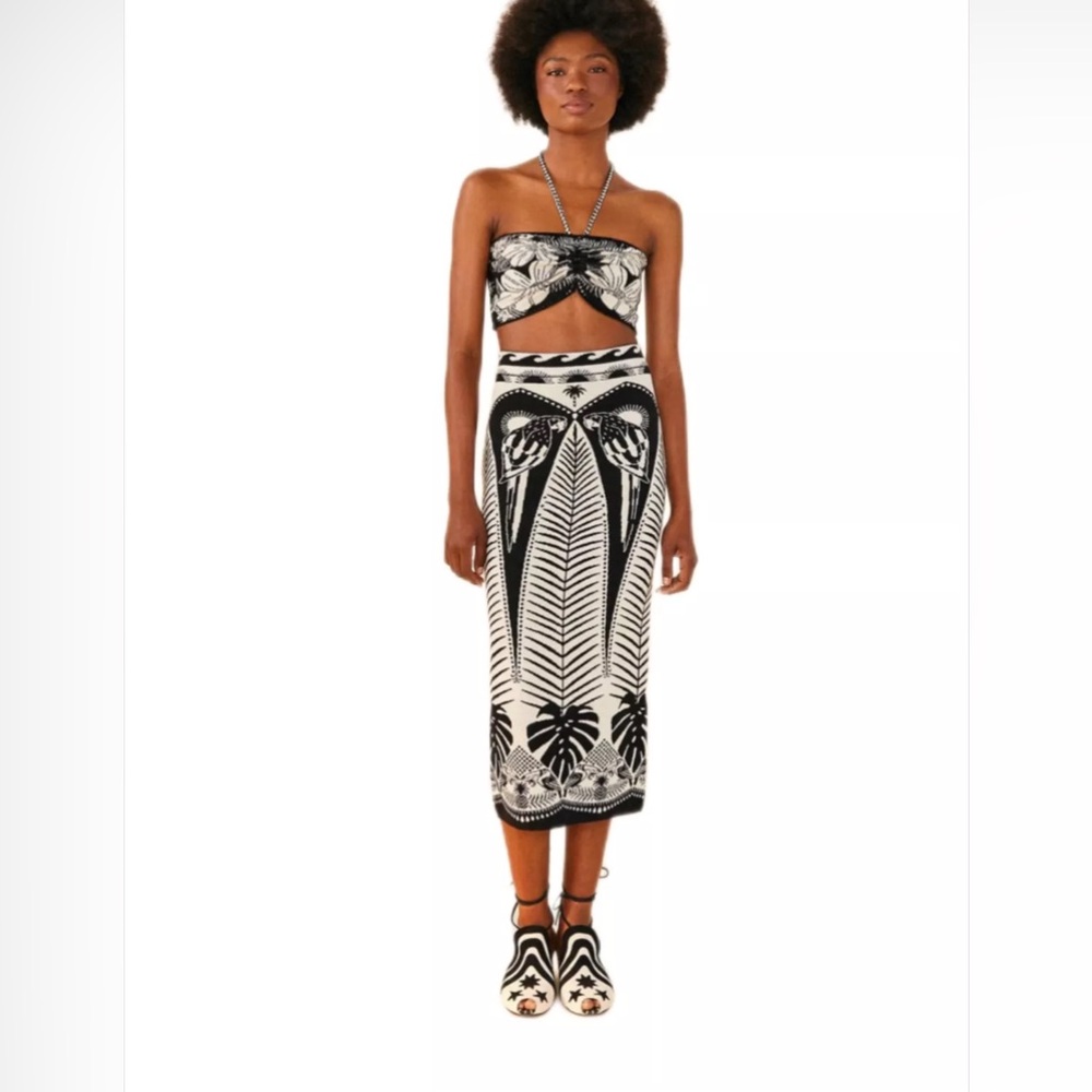 Farm Rio Macaw Elegance Knit Black Midi Skirt